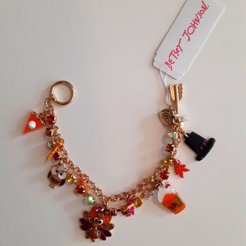 Betsey Johnson Fall Charm Bracelet Turkey Pumpkin Pie New